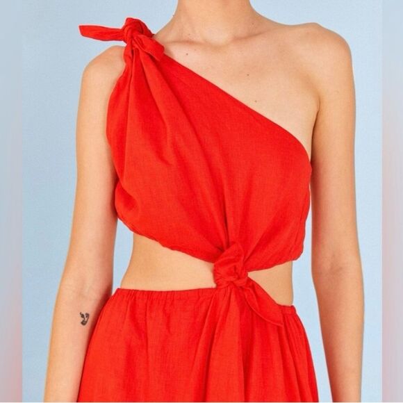 NEW FARM Rio Red Midi Knot Dress Linen Cutout Elastic Waist Asymmetrical Size XL - Picture 6 of 13